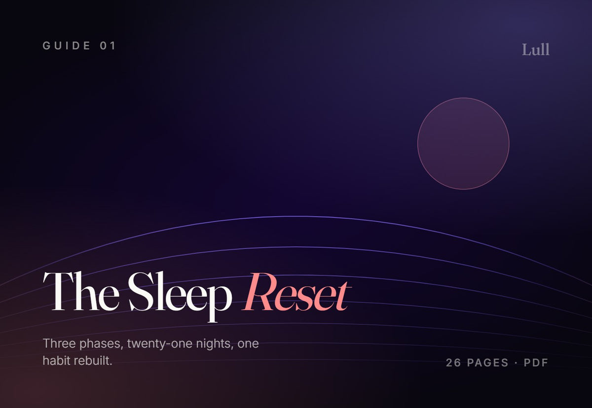 The Sleep Reset — cover. A sinking horizon of violet arcs under a rose moon.
