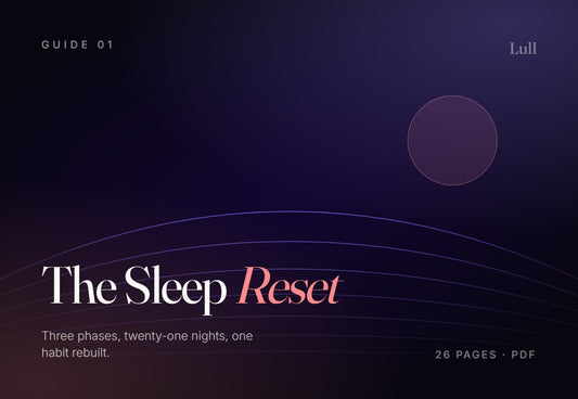 The Sleep Reset — cover. A sinking horizon of violet arcs under a rose moon.