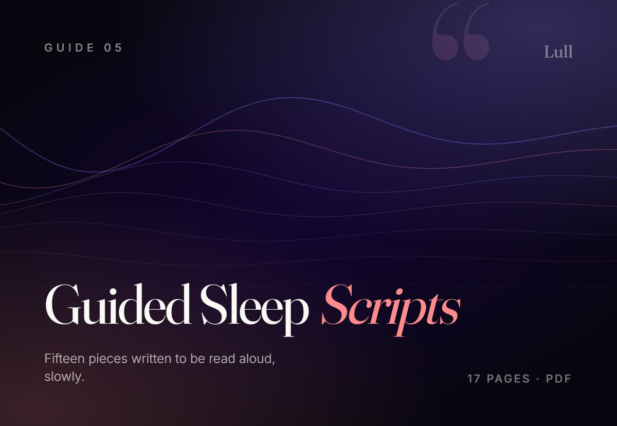 Guided Sleep Scripts — cover. A waveform settling to a flat line beneath a quotation mark.